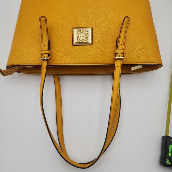 Anne Klein Faux Leather Mustard Yellow Tote Bag With Adjustable Straps & Zip Clo - Picture 8 of 16